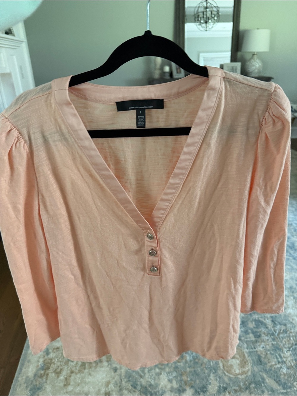 White House Black Market Light Pink V-Neck Buttoned Long Sleeve Top - Picture 8 of 10